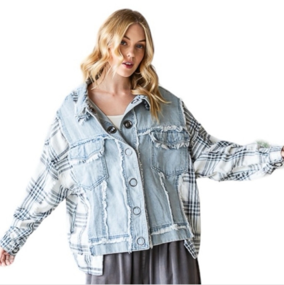 Plaid Mixed Mineral Washed Relax Fit Denim Jacket
